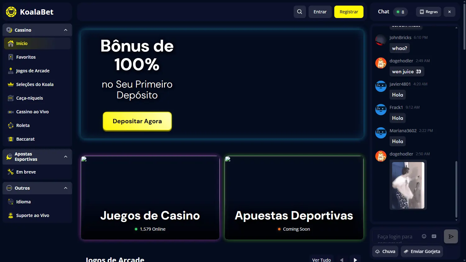Koala Casino game selection on desktop